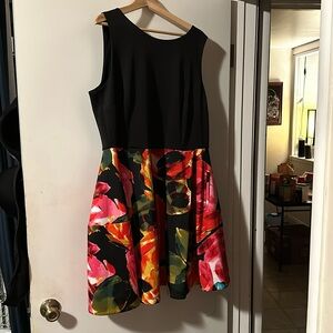 Taylor Woman dress, size 18W, black bodice, colorful floral print skirt.